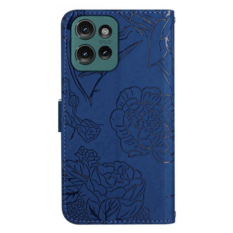 Bőrtok Motorola Edge 50 Neo Pillangólenyomat Szíjjal