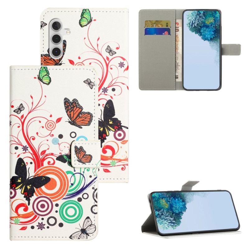 Kinyitható Bőrtok Samsung Galaxy S24 Fe Pillangók Fehér Alapon