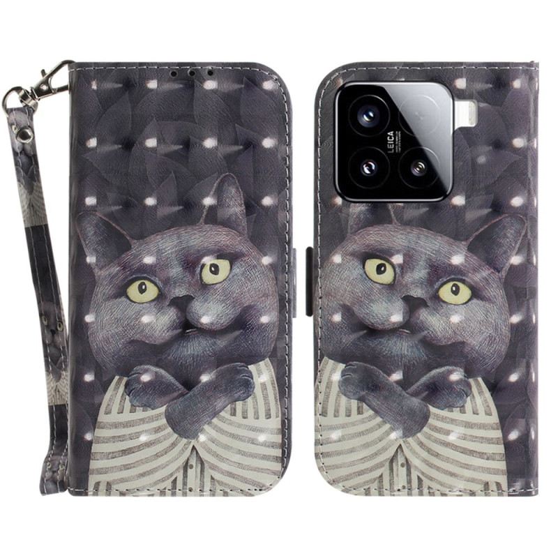 Bőrtok Xiaomi 15 Szürke Macska Pánttal