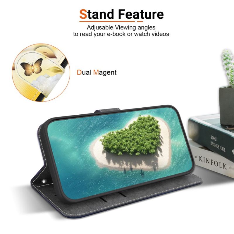 Bőrtok Motorola Edge 50 Pro Arany Pillangók És Fehér Virágok Szíjjal