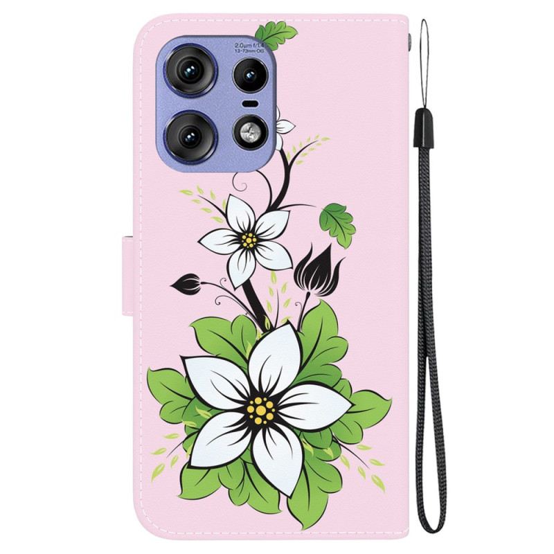 Bőrtok Motorola Edge 50 Pro Liliom Mintás Szíjjal