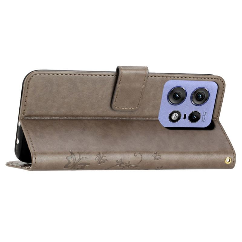 Bőrtok Motorola Edge 50 Pro Pillangók És Virágok Szíjjal