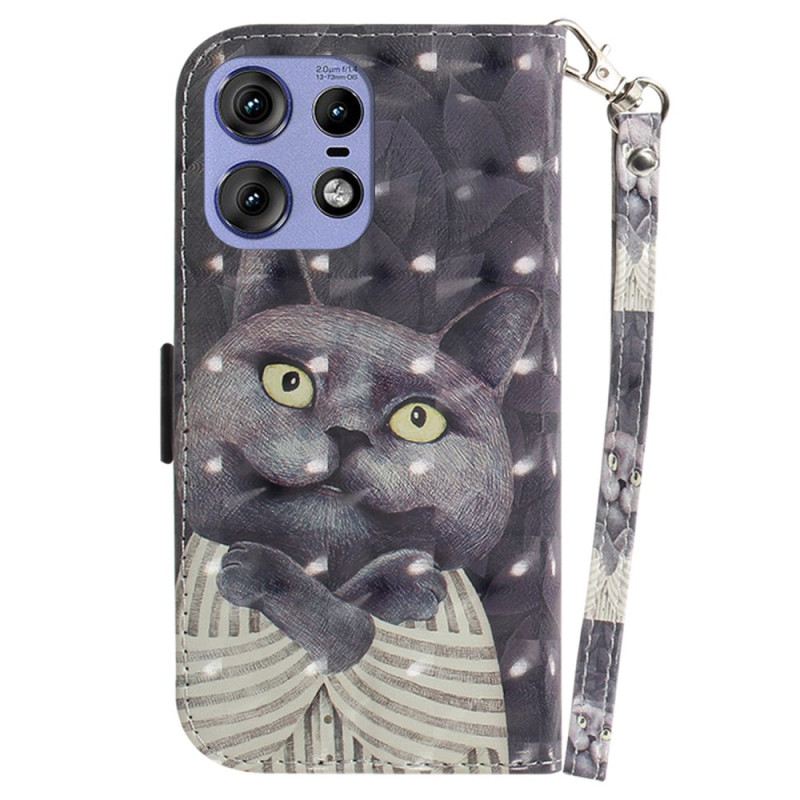 Bőrtok Motorola Edge 50 Pro Szürke Macska Szíjjal