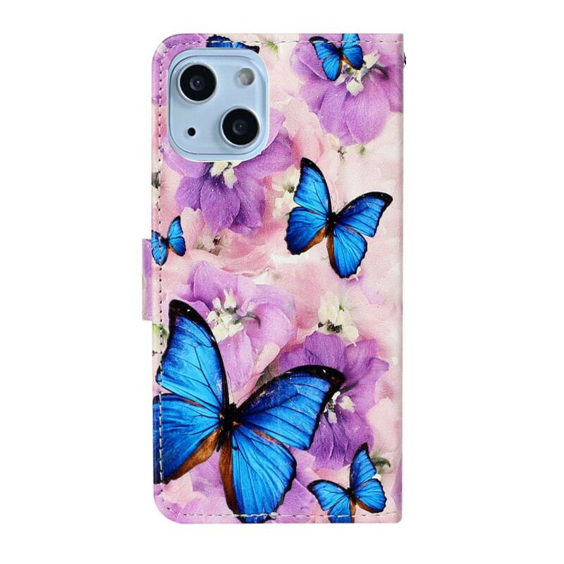 Fliptok / Bőrtok iPhone 13 Mini Kék Pillangók Virágokban