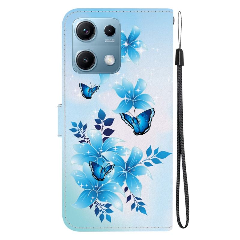 Bőrtok Xiaomi Redmi Note 14s Kék Pillangók És Kis Virágok