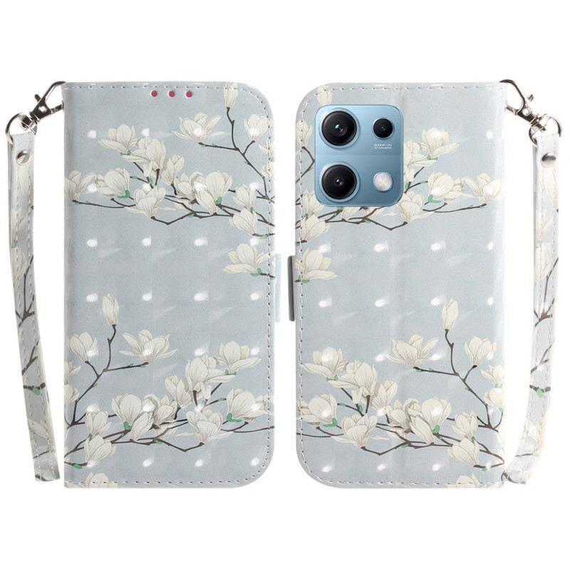 Bőrtok Xiaomi Redmi Note 14s Magnóliák Nyakpánttal