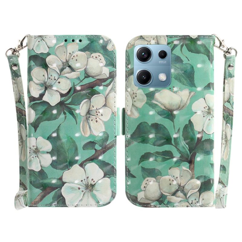 Fliptok Xiaomi Redmi Note 14s Fehér Virágok Nyakpánttal