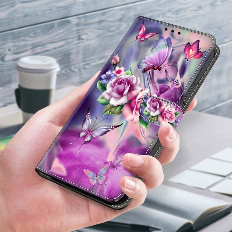 Bőrtok Samsung Galaxy S24 5g Pillangók És Lila Virágok