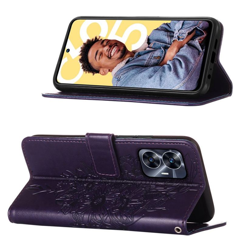 Bőrtok Realme C55 Virágos Pillangómintás Pántos Pénztárca