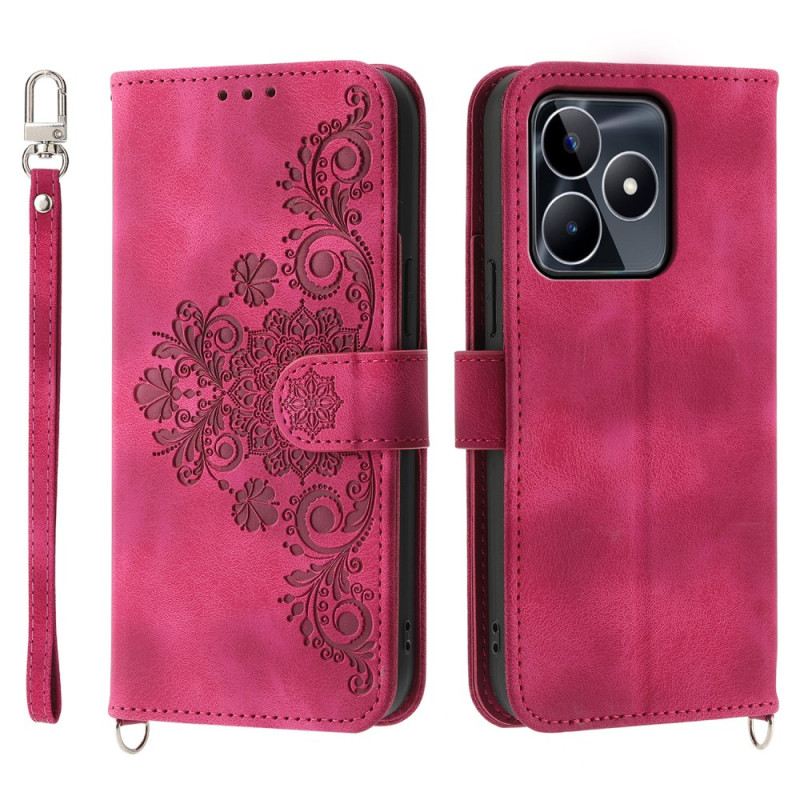 Bőrtok Realme C53 Virágmintás Pánttal És Vállpánttal