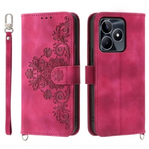 Bőrtok Realme C53 Virágmintás Pánttal És Vállpánttal