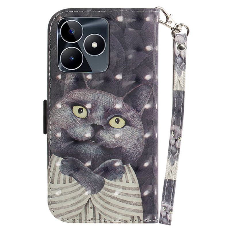 Fliptok Realme C53 Szürke Macska Tartó Nyakpánttal