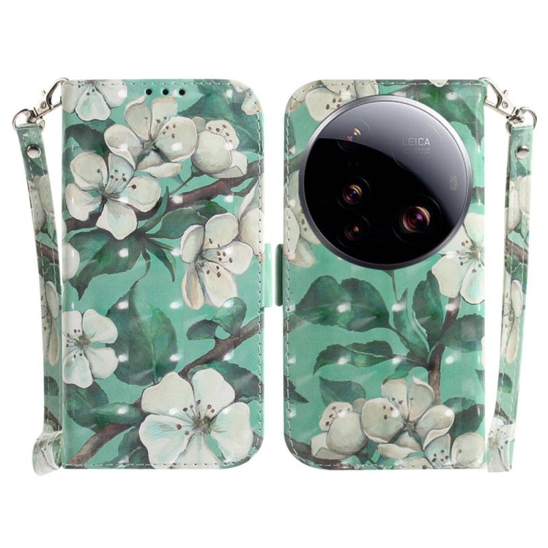 Bőrtok Xiaomi 15 Ultra Fehér Virágok Nyakpánttal