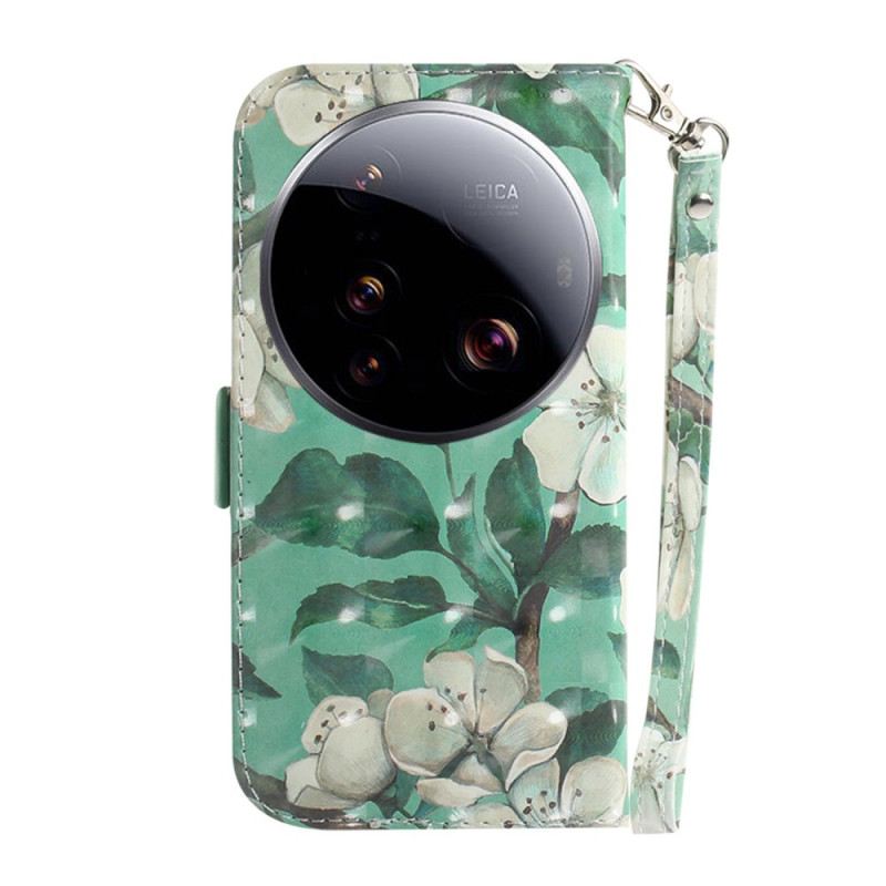 Bőrtok Xiaomi 15 Ultra Fehér Virágok Nyakpánttal