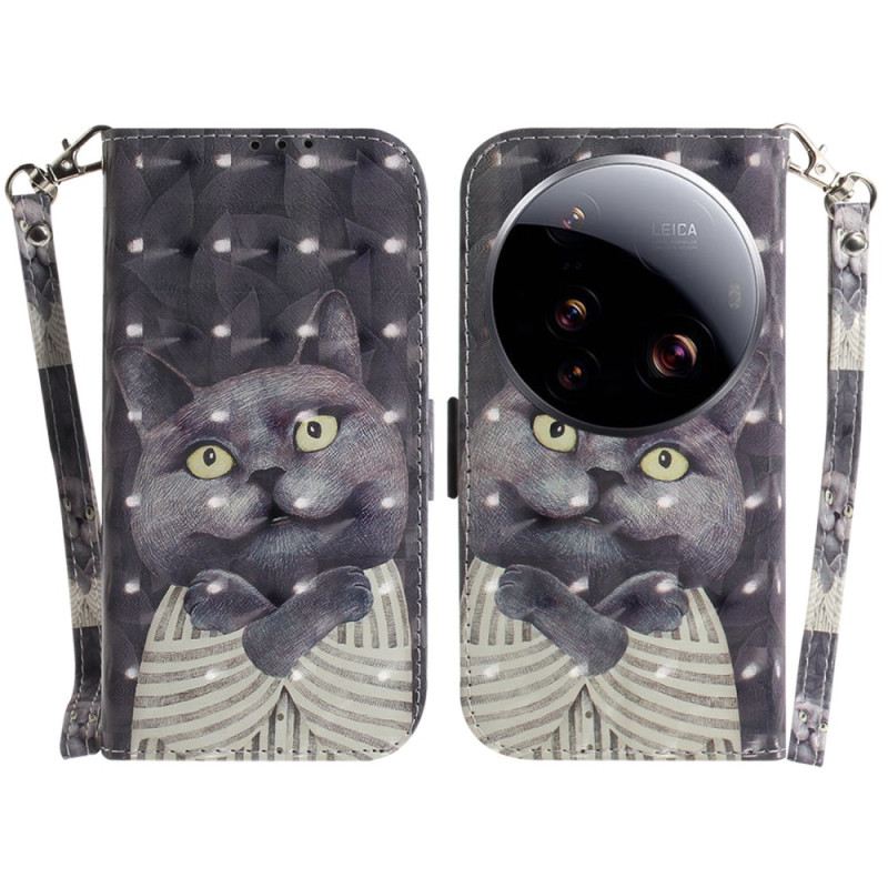 Bőrtok Xiaomi 15 Ultra Szürke Macska Nyakpánttal