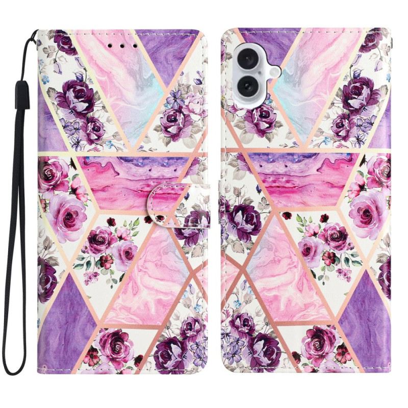 Bőrtok iPhone 16 Lila Virágok Szíjjal