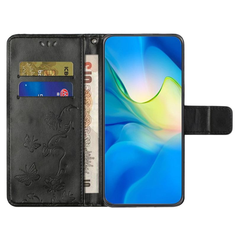 Bőrtok Samsung Galaxy A55 5g Pillangók És Virágok Kialakítása Zsinórral