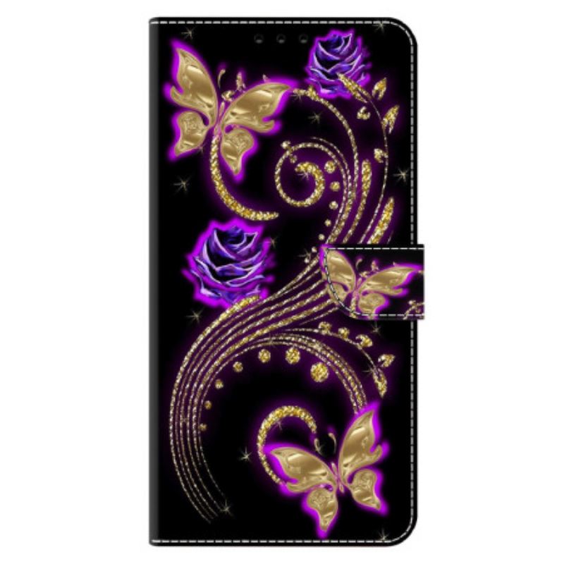 Bőrtok Xiaomi Redmi Note 13 5g Ibolya Virágok És Pillangók