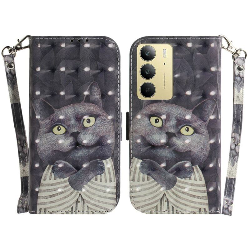 Bőrtok Realme C75 Szürke Macska Nyakpánt