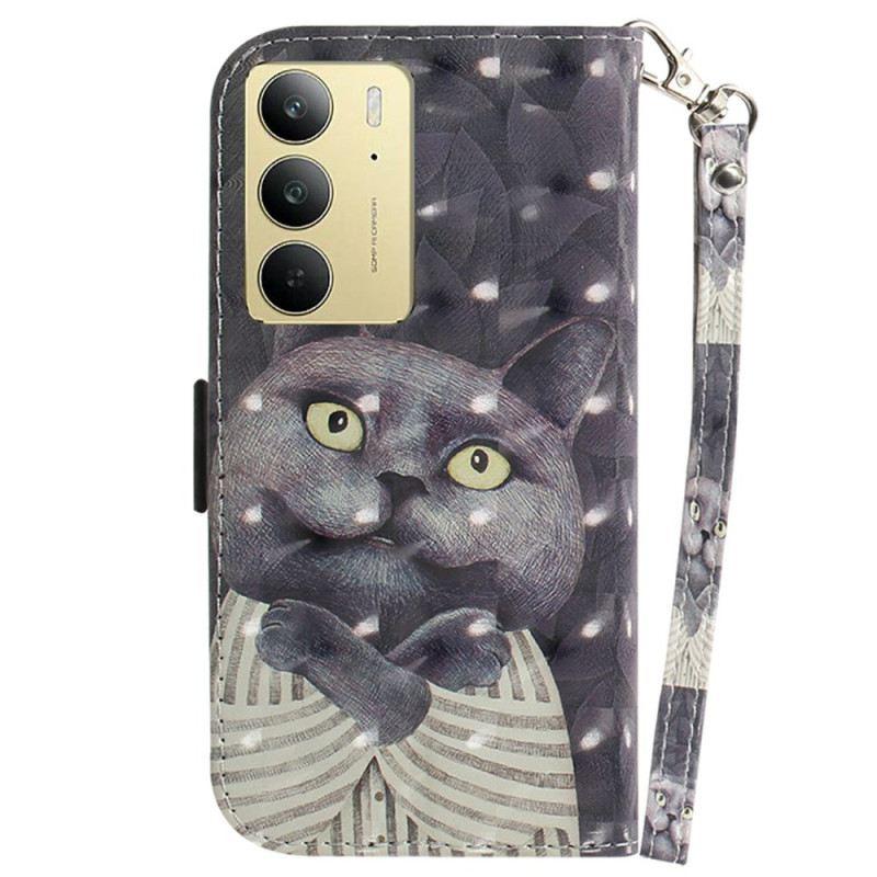 Bőrtok Realme C75 Szürke Macska Nyakpánt