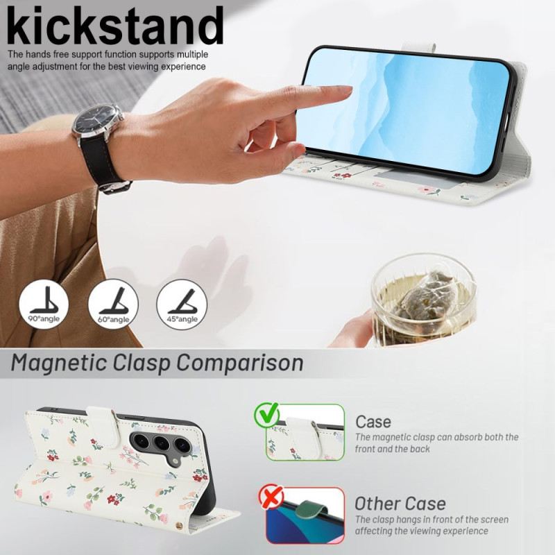 Kinyitható Bőrtok Samsung Galaxy S26 Virágmintás Pénztárca Nyakpánttal