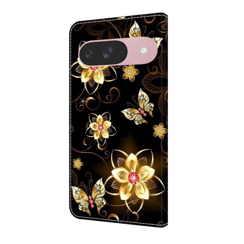 Kinyitható Bőrtok Google Pixel 10 / 10 Pro Arany Virágok És Pillangók