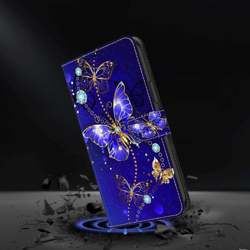 Bőrtok Xiaomi Redmi Note 13 4g Gyémánt Pillangók Kék Alapon