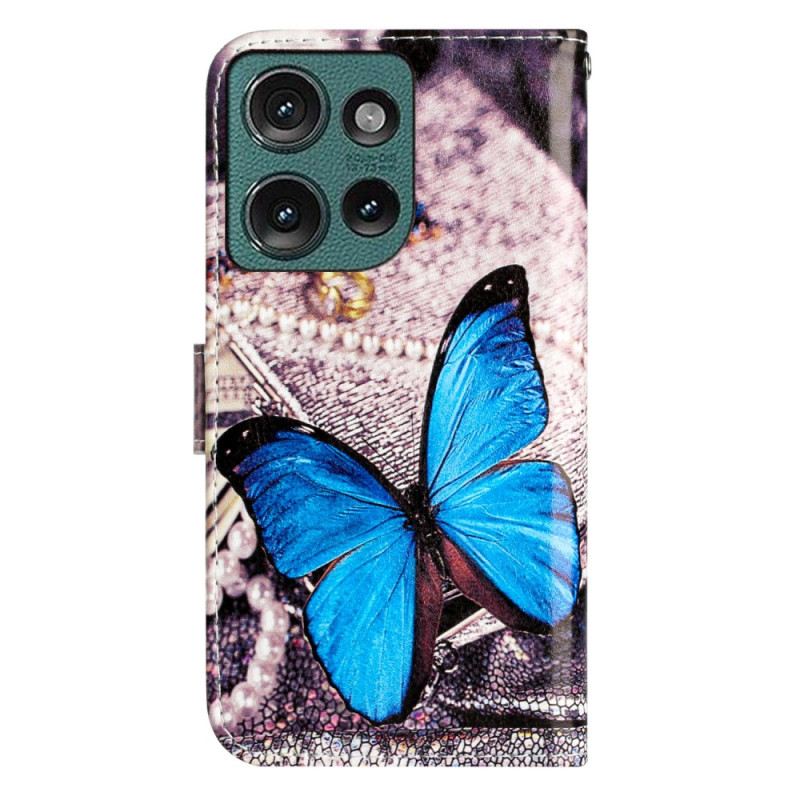 Bőrtok Motorola Edge 50 Kék Pillangó Szíjjal