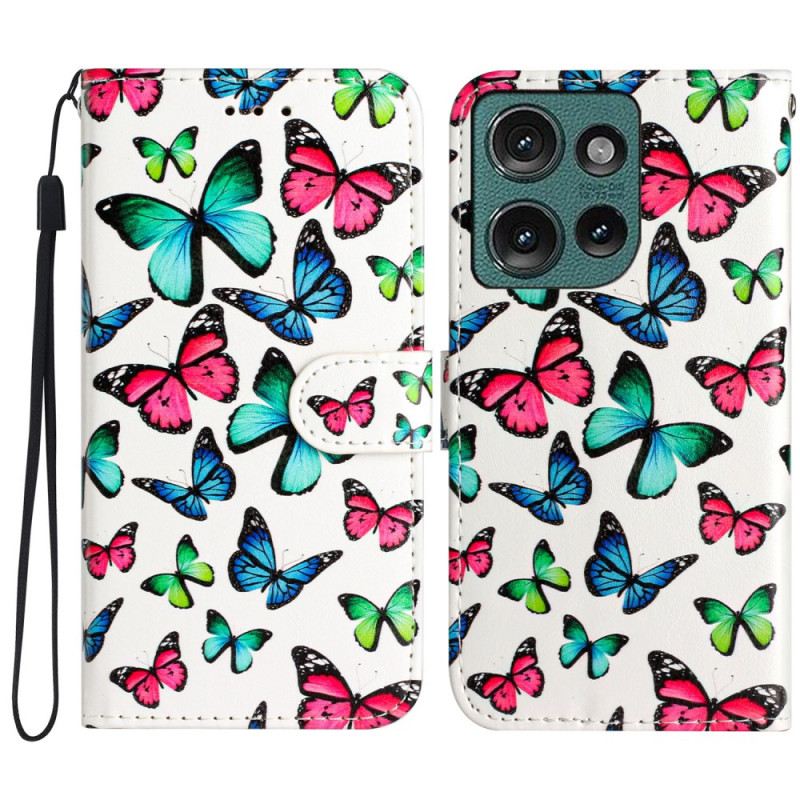 Bőrtok Motorola Edge 50 Színes Pillangók Pánttal
