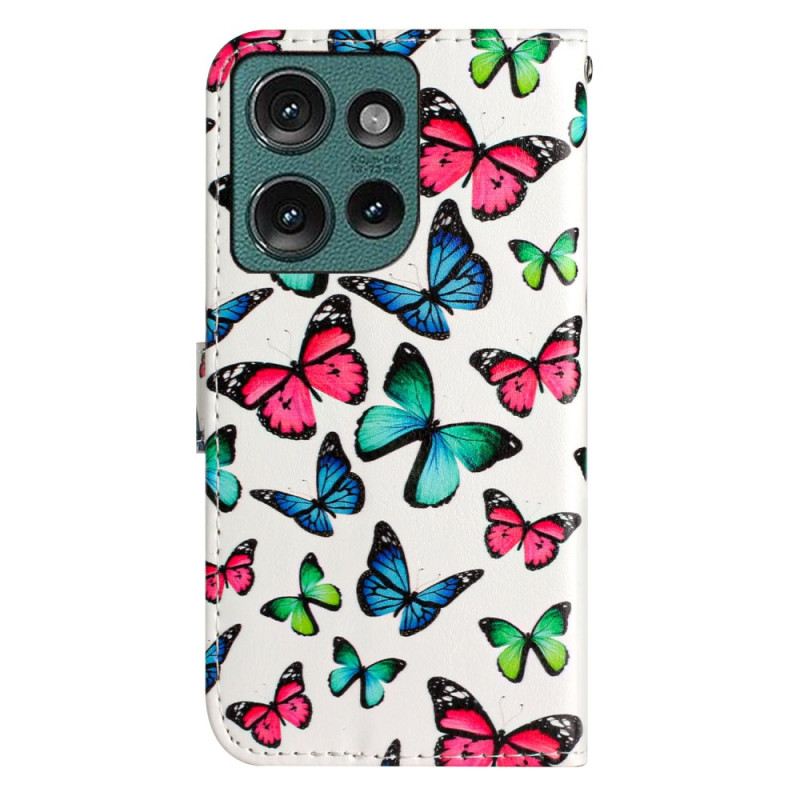 Bőrtok Motorola Edge 50 Színes Pillangók Pánttal