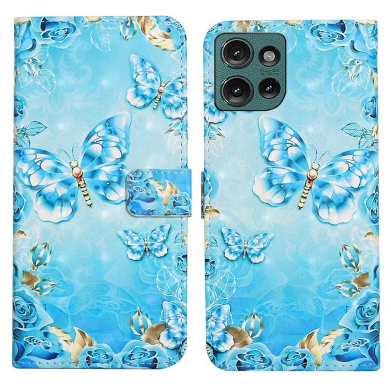 Kinyitható Bőrtok Motorola Edge 50 Kék Pillangók És Gyémántok