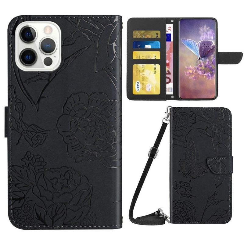Fliptok / Bőrtok iPhone 14 Pro Pillangók És Vállpánt
