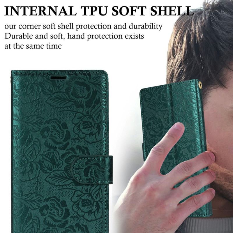 Bőrtok Samsung Galaxy S25 5g Virágmintás Nyakpánt