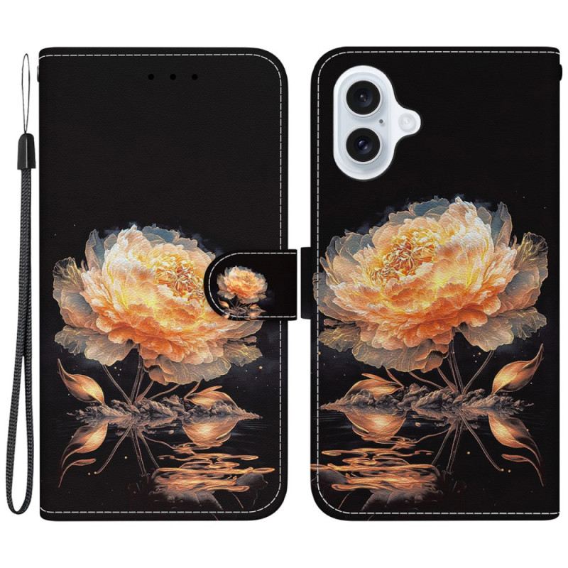Bőrtok iPhone 16 Plus Arany Bazsarózsa Szíjjal