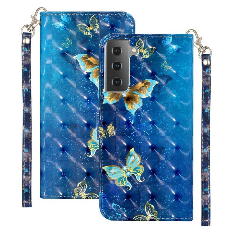 Fliptok / Bőrtok Samsung Galaxy S21 Plus 5G Fényfoltos Pillangók Zsinórral