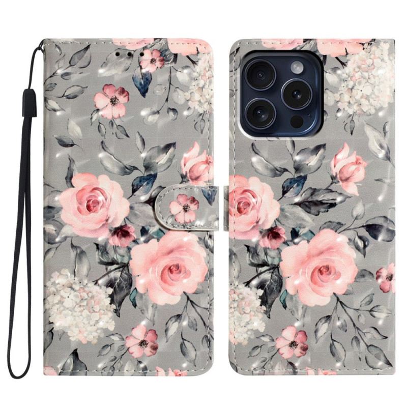 Bőrtok iPhone 16 Pro Rózsaszín Virágok Szürke Alapon Pánttal