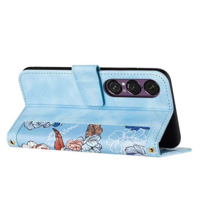 Bőrtok Sony Xperia 1 Vii Virágmintás Pánttal