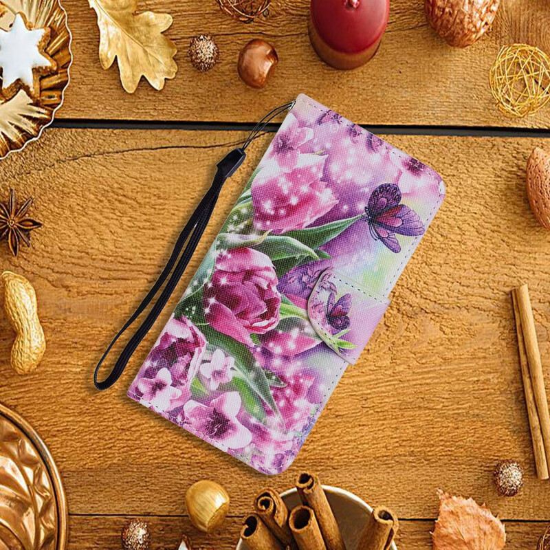 Fliptok / Bőrtok iPhone 13 Pro Pillangók És Tulipánok