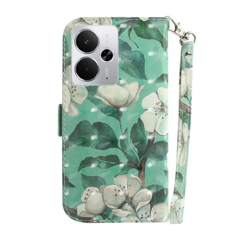 Bőrtok Realme 14 5g Fehér Virágok Nyakpánttal