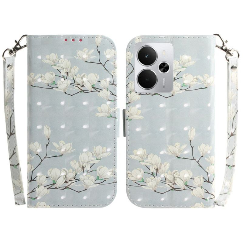Bőrtok Realme 14 5g Magnóliák Nyakpánttal