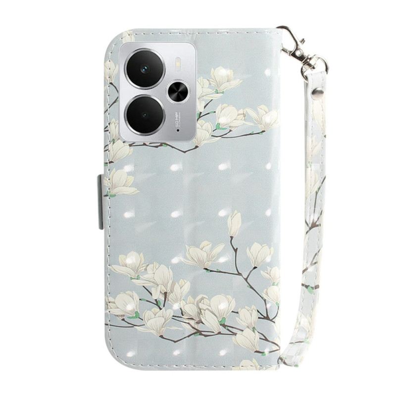 Bőrtok Realme 14 5g Magnóliák Nyakpánttal