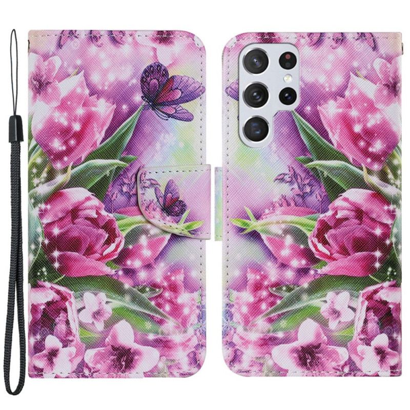 Fliptok / Bőrtok Samsung Galaxy S22 Ultra 5G Pillangók És Tulipánok