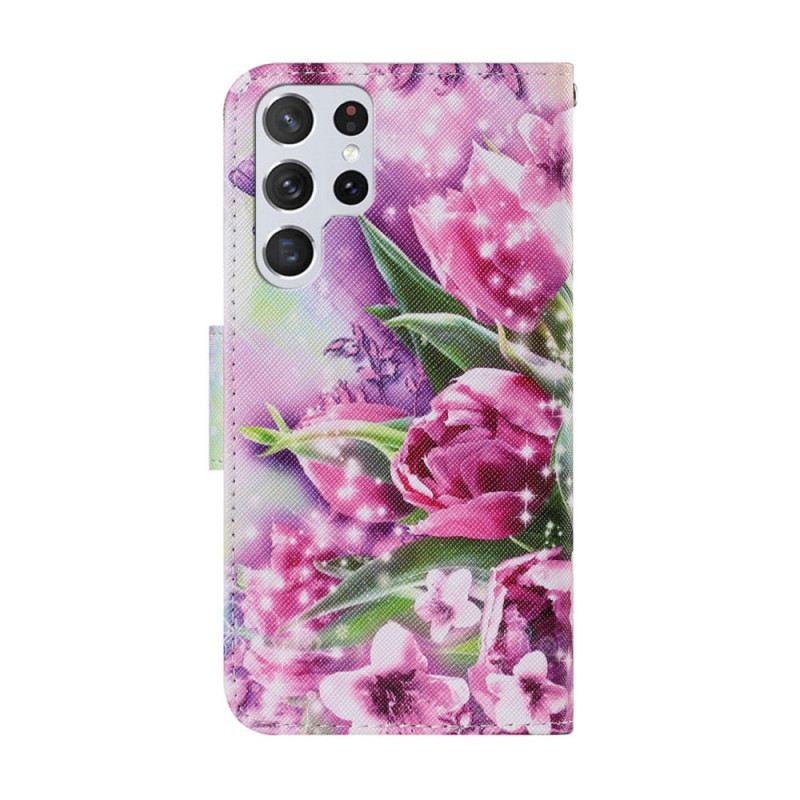 Fliptok / Bőrtok Samsung Galaxy S22 Ultra 5G Pillangók És Tulipánok