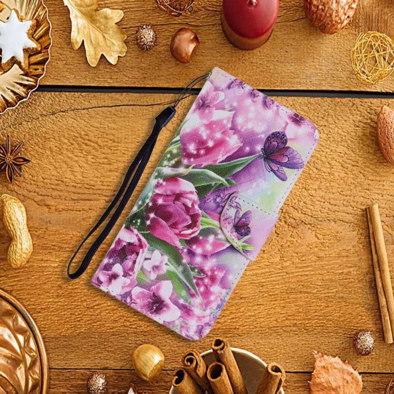 Fliptok / Bőrtok Samsung Galaxy S22 Ultra 5G Pillangók És Tulipánok