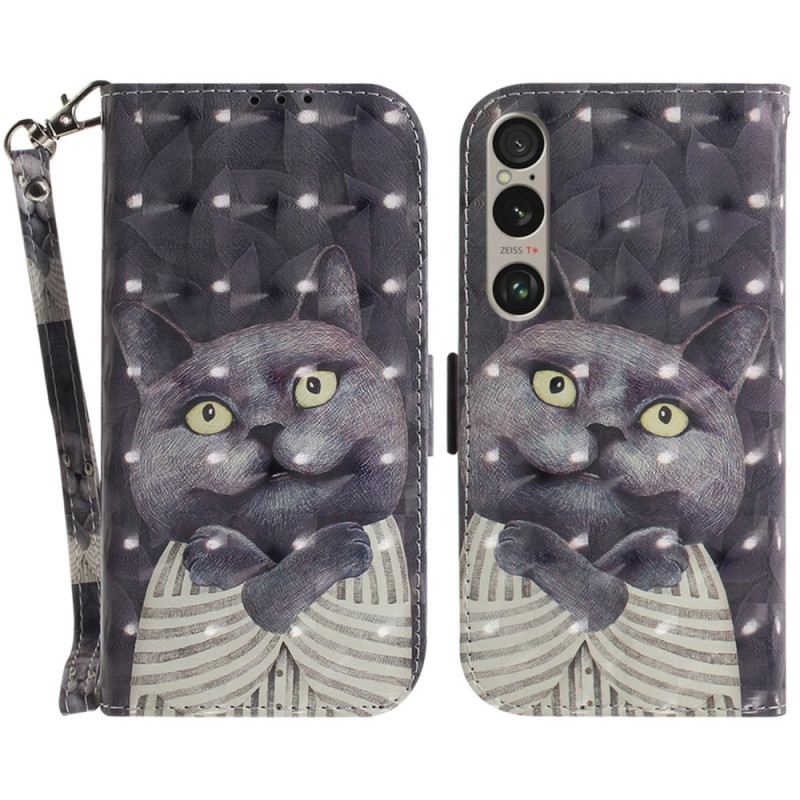 Bőrtok Sony Xperia 1 Vi Szürke Macska Szíjjal