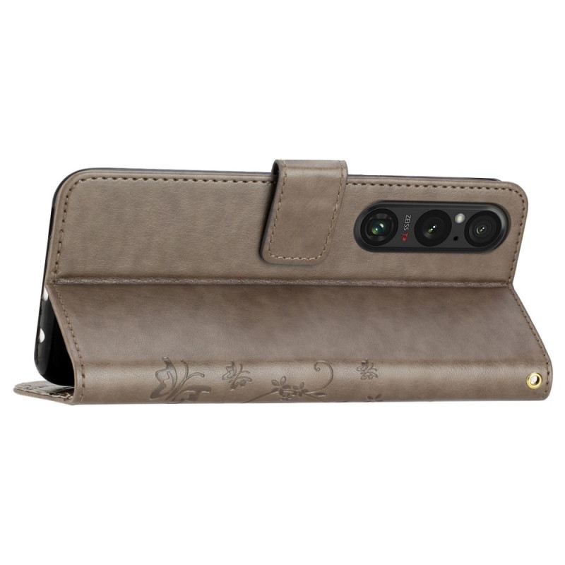 Bőrtok Sony Xperia 1 Vi Virágok És Pillangók Pánttal